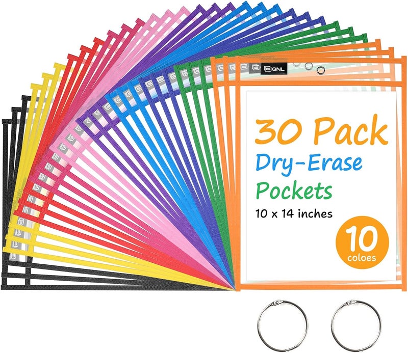 Gnl Dry Erase Pocket Sleeves 30 Packs, Reusable Clear Plastic Ticket Holders with Rings, Durable & Easy-to-Erase Sheet Protectors, Assorted Colors 10x14 Inch for Classroom & School Teacher Supplies - Image 1
